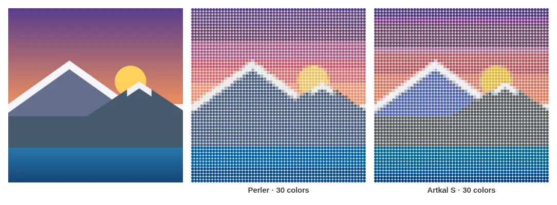 Landscape bead pattern comparison: Perler palette vs Artkal S palette with 30 colors
