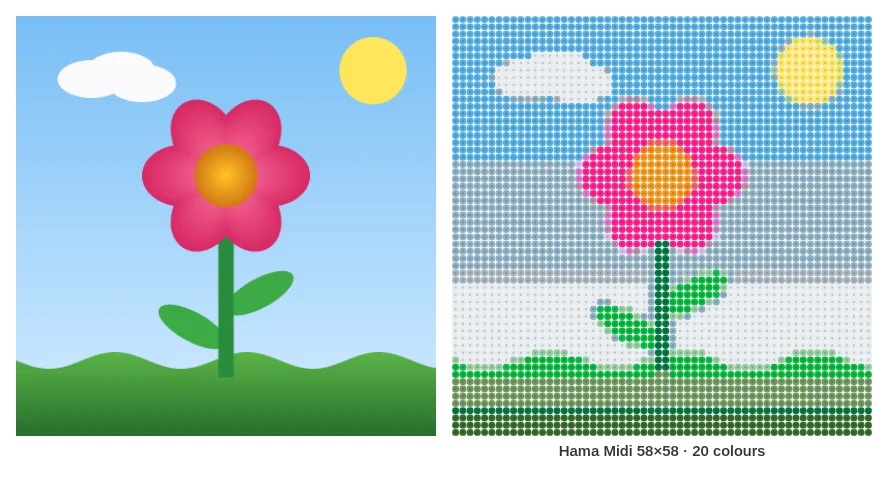 代码绘制的小花示例图转换成 58×58 的 Hama Midi 拼豆图纸